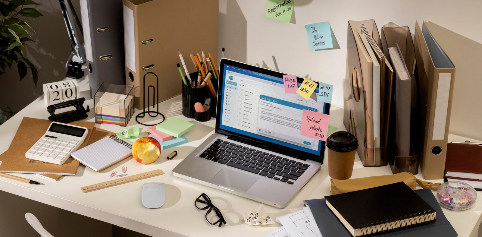 A busy home office desk with a laptop, sticky notes, files, and coffee cup, illustrating how Lets Connect supports remote-first companies by providing flexible office solutions and professional workspaces for hybrid teams.