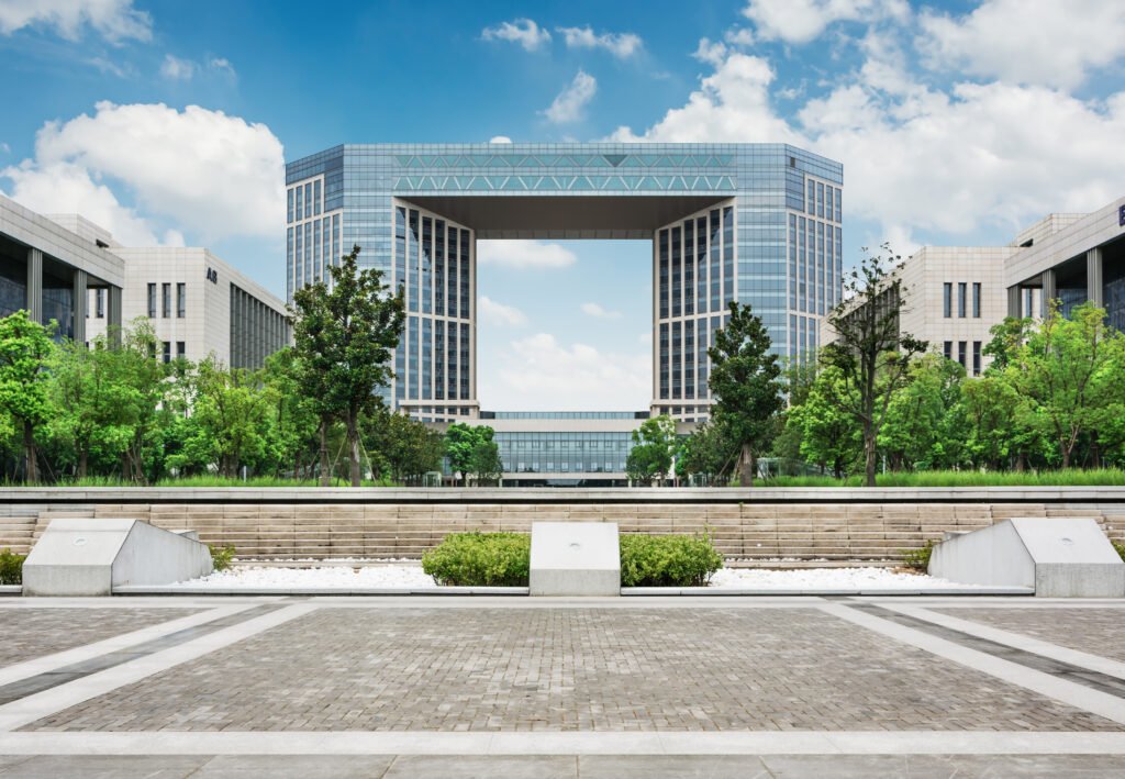 Modern corporate complex representing upcoming office park Sector 136 with new commercial developments in Noida.