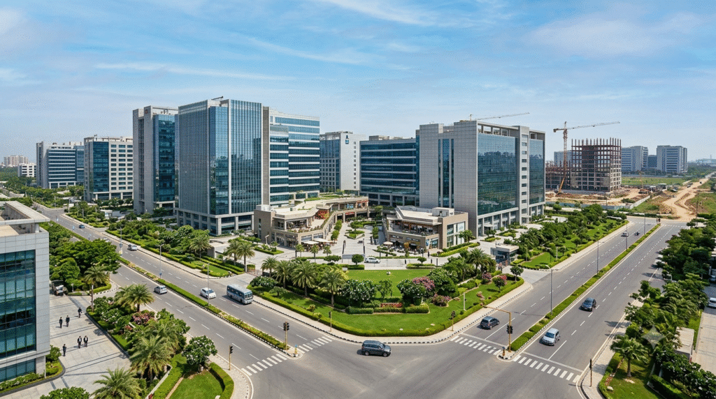 Commercial development in Sector 136 Noida showing modern office buildings and expanding infrastructure
