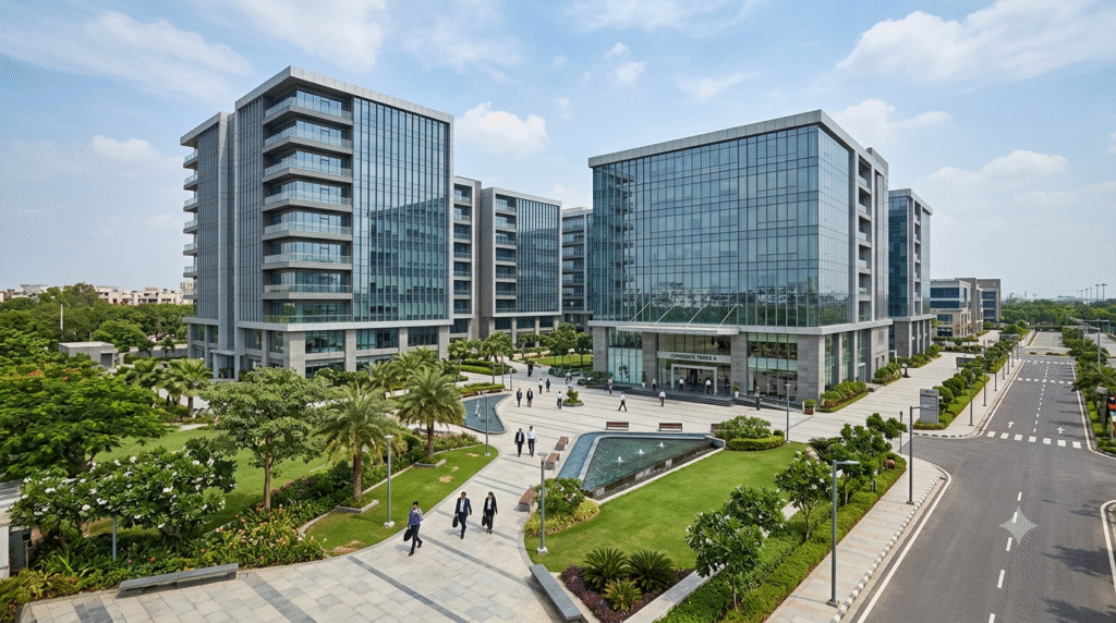 Commercial property in Sector 136 Noida with modern office buildings and landscaped business premises