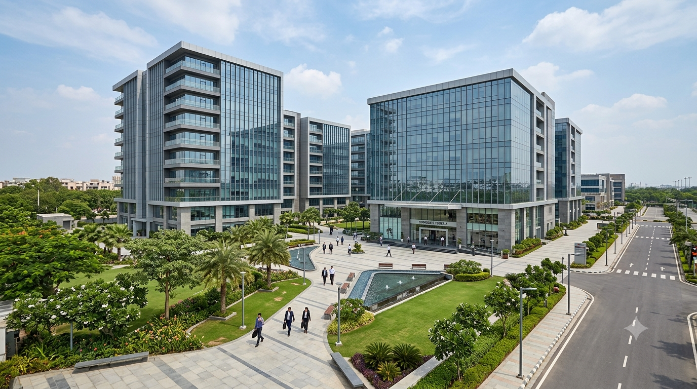 Commercial property in Sector 136 Noida with modern office buildings and landscaped business premises