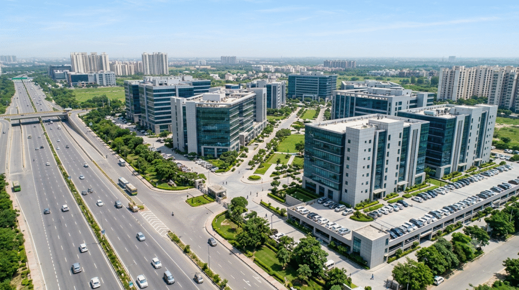 Corporate office hub near Expressway 136 Noida with modern office buildings and road connectivity