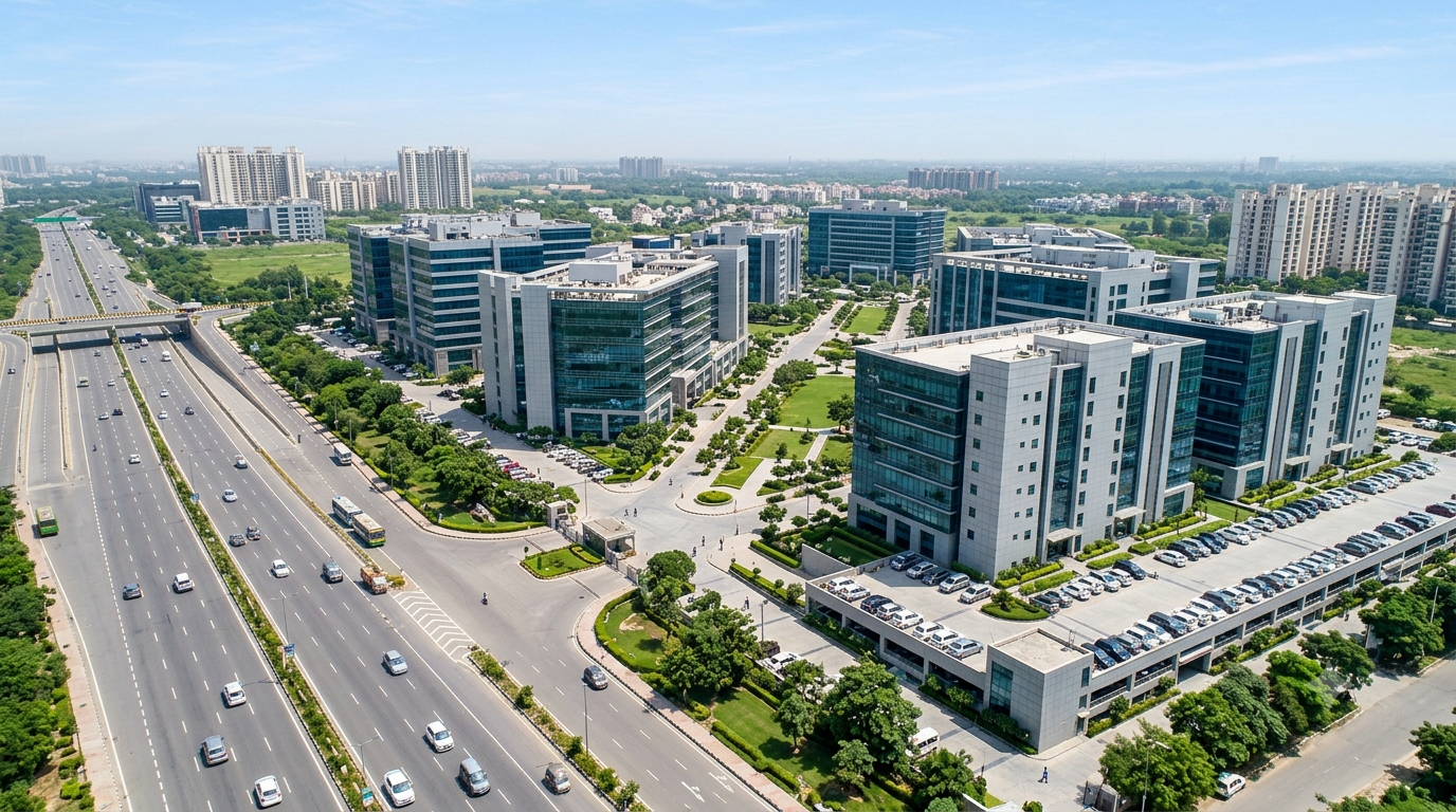 Corporate office hub near Expressway 136 Noida with modern office buildings and road connectivity