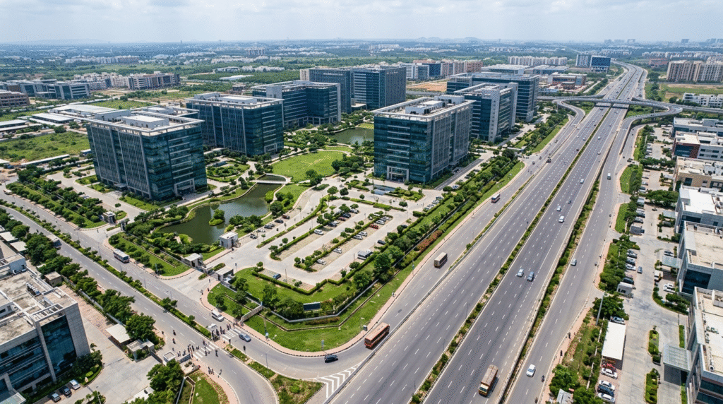 Tech park near Noida Expressway with modern office buildings and major road connectivity